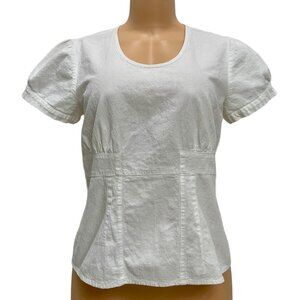 Cuco Mexico Class Women White Ivory Top Blouse Bubble Short Sleeve Cotton Sz M-L